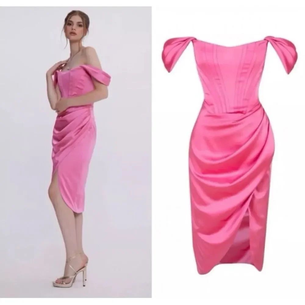 NWT Gigii’s Jasmine Corset Off Shoulder Satin Dress In Hot Pink Size Small